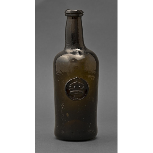 479 - An English sealed glass bottle c.1810, half size, narrow-bodied cylinder Seal surmounted by a baron'... 