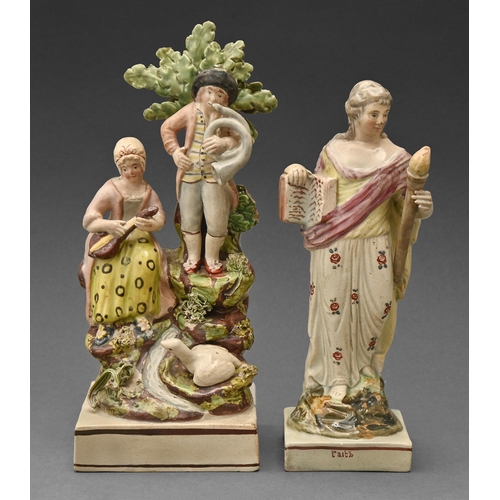 483 - Two Staffordshire pearl glazed earthenware figures of a woman as Faith and group of musicians by a s... 