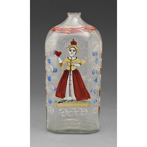 485 - A Bohemian enamelled glass flask, late 18th c,  the reverse with inscription, 14.5cm h... 