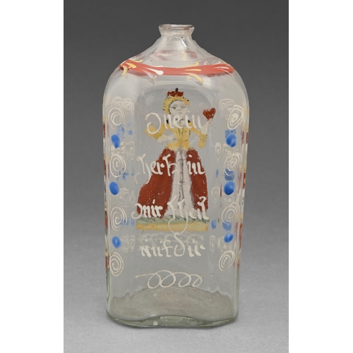 485 - A Bohemian enamelled glass flask, late 18th c,  the reverse with inscription, 14.5cm h... 