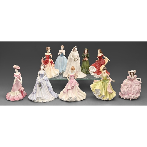 495 - Ten Royal Doulton and Coalport china figures of young ladies, 20th c,  various sizes, printed marks... 