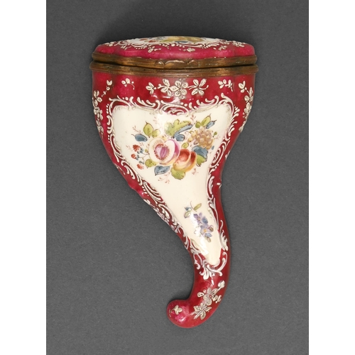 499 - A Samson claret ground porcelain snuff box c.1900 of cornucopia shape, painted with preserves of fru... 