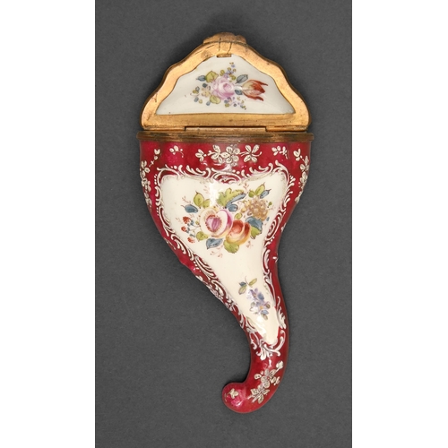 499 - A Samson claret ground porcelain snuff box c.1900 of cornucopia shape, painted with preserves of fru... 