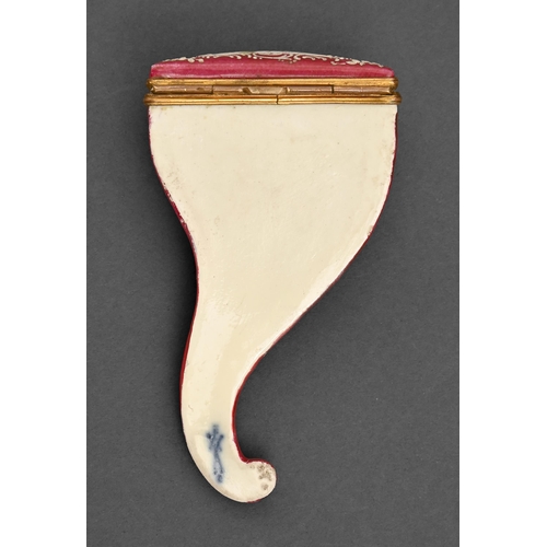 499 - A Samson claret ground porcelain snuff box c.1900 of cornucopia shape, painted with preserves of fru... 