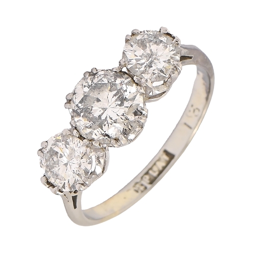 50 - A diamond ring, with three old cut diamonds, in platinum marked PLAT 1.3, 2.8g, size L... 