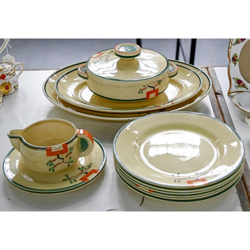 503 - Clarice Cliff. An A J Wilkinson Ravel dinner service, 1929, largest dish 42cm l, printed Bizarre mar... 