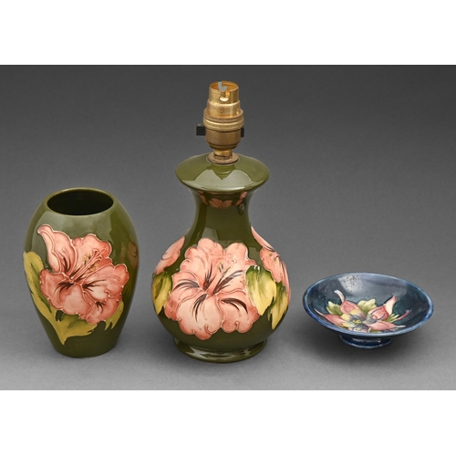 507 - A Moorcroft Hibiscus lamp and vase and a Moorcroft Columbine dish, c.1960-1970, lamp 16.5cm h exclud... 