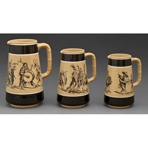 517 - A graduated set of three William Brownfield earthenware jugs c.1860 transfer printed with a strollin... 