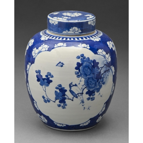 519 - A Chinese blue and white ginger jar and cover, late 19th c, painted with a bird on a branch and inse... 