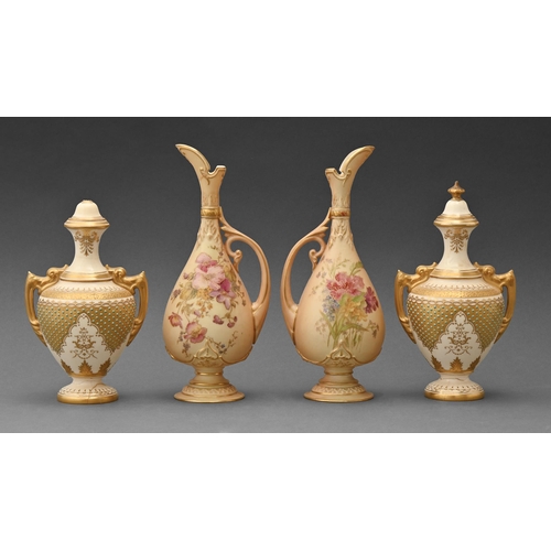 521 - A pair of Coalport jeweled vases and covers, c1900, 17.5cm h printed mark, and a pair of Royal Worce... 