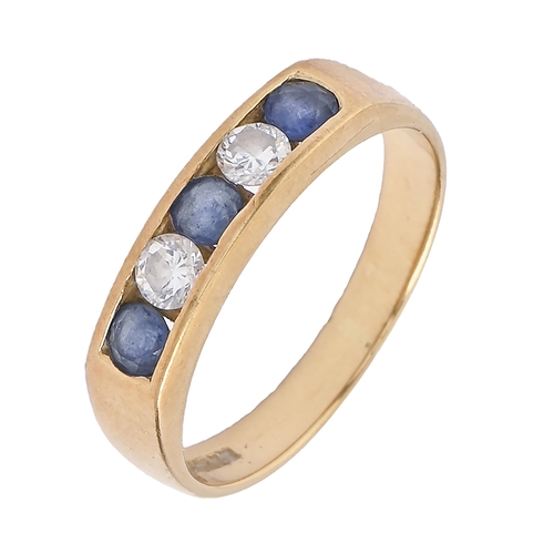 57 - A sapphire and diamond ring, with cushion shaped sapphires and round brilliant cut diamonds, in 18ct... 