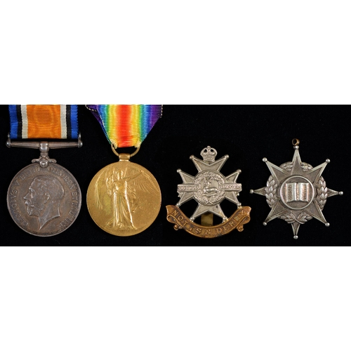 586 - WWI, pair, British War Medal and Victory Medal 93807 Pte F Dales Notts & Derby R, cap badge and ... 