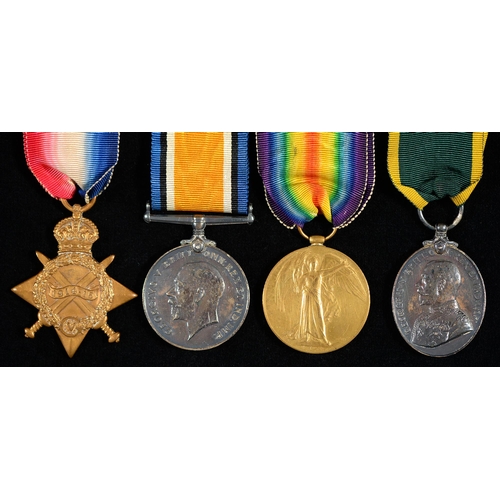 592 - WWI, group of four, 1914-15 Star, British War Medal, Victory Medal and Territorial Efficiency Medal ... 