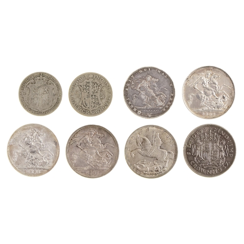 612 - Crown 1820, 1887, 1889, 1891, 1935 and 1937, and Halfcrown 1921 and 1931 (8)