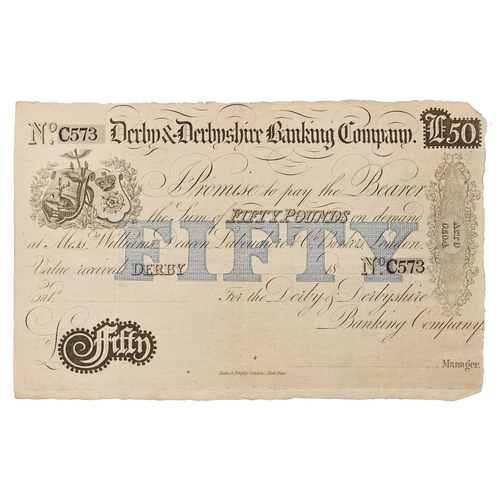 619 - Paper money. Derby & Derbyshire Banking Company Fifty pounds unissued banknote, No C573... 