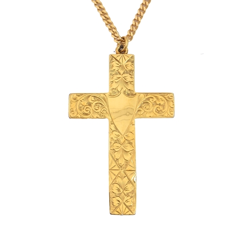 62 - An Edwardian 9ct gold cross, engraved with scrolling foliage, 47mm h, maker P Bros, Birmingham 1907 ... 