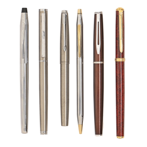 631 - A Cross fountain pen and ballpoint pen, both boxed, two Waterman and Messenger fountain pens and two... 