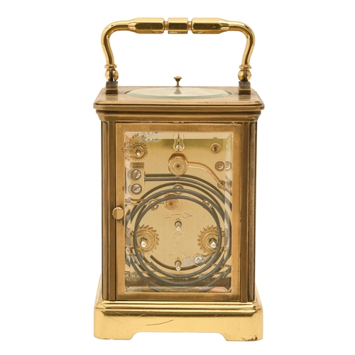 649 - A French brass carriage clock, with platform escapement to the gong-striking movement, the dial insc... 