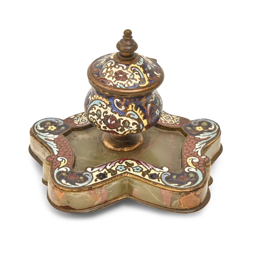 650 - A France bronze, onyx and champlevé enamel inkwell, late 19th c, 8cm h