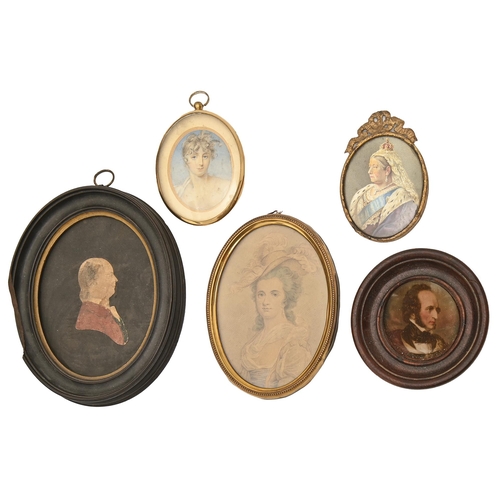 657 - English School, early 19th century - Portrait Miniature of a Young Woman, ivory, oval 55mm, a silhou... 