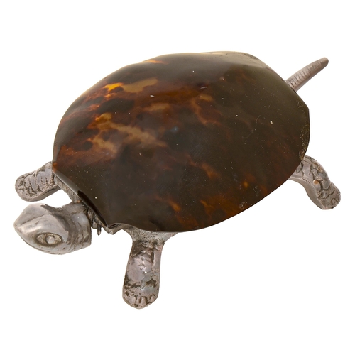 660 - A clockwork plated iron and tortoiseshell tortoise novelty table bell, c.1900, 17cm l, cast no 7.430... 
