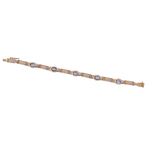 67 - A sapphire gate bracelet, in gold and of thirteen links, 17.5cm l, marked 375, 14g