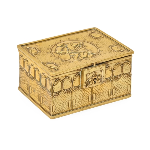 670 - An art nouveau stamped brass box, 1915, underside engraved with presentation inscription to John Wil... 