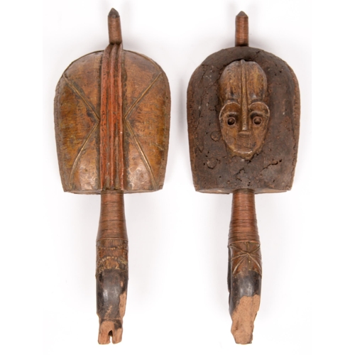 733 - Tribal art. Two Kota Mahongwe reliquary figures, Gabon, copper and wood, 60cm long... 