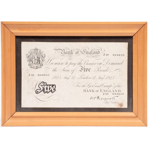 741 - Paper money. Bank of England white Five Pound note, Peppiat, 14 August 1945, J97, framed... 