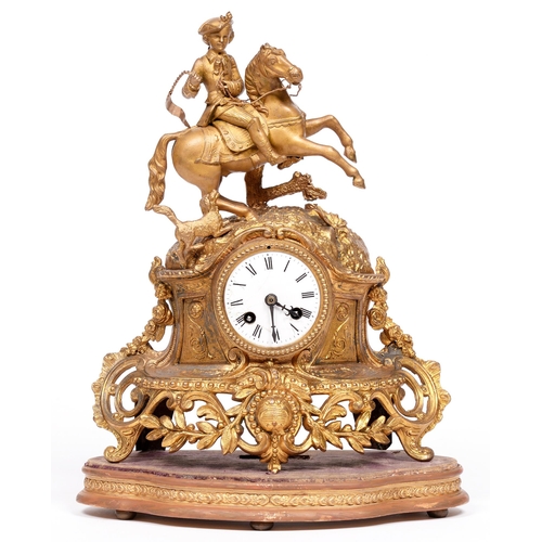 742 - A French giltmetal equestrian figural mantle clock, late 19th c, 42cm h