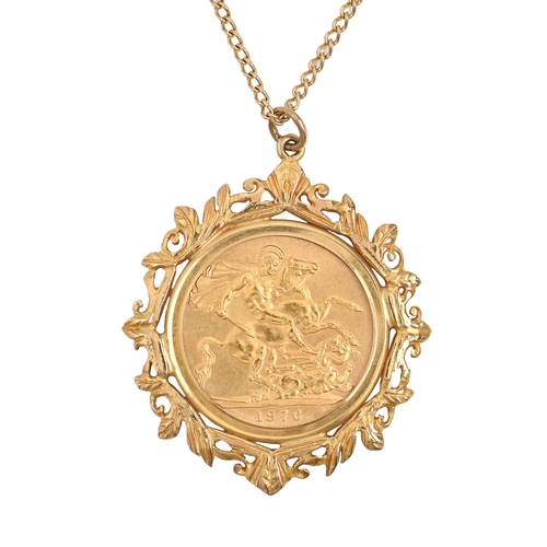 75 - Gold coin. Sovereign 1976, mounted in 9ct gold pendant, on a gold necklet marked 9ct, 14.3g... 