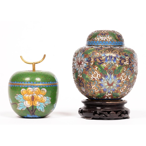 751 - A Japanese cloisonne enamel jar and cover on pierced wood stand, early 20th c, 12cm h, and another, ... 