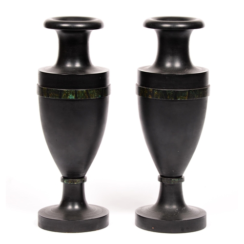 758 - A pair of Victorian turned and painted wood faux Ashford Black Marble and malachite vases, 35.5cm h... 