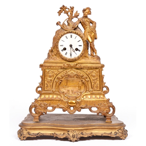 759 - A French giltmetal figural mantle clock, late 19th c, the enamel dial inscribed H. Rochat a Paris, 3... 