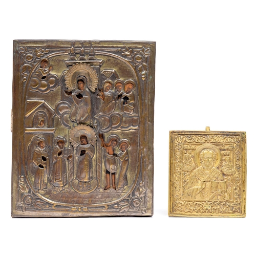 778 - A Russian cast brass travelling icon, of a Bishop saint, 19th c, 11cm x 9.5cm, and a larger, painted... 