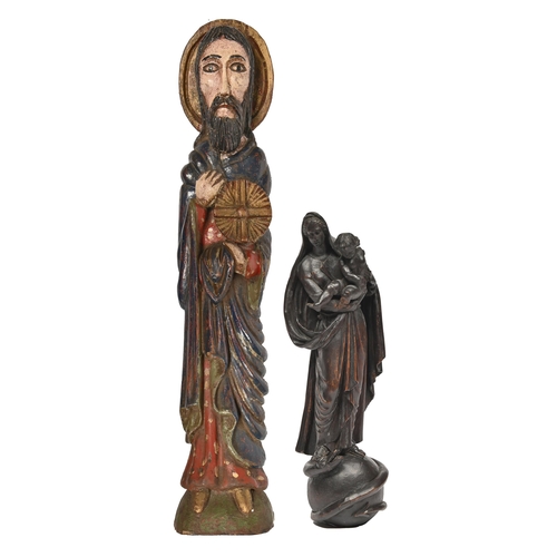 788 - A polychrome wood figure of Christ, probably South East Asia, 50cm h, and a Northern European staine... 