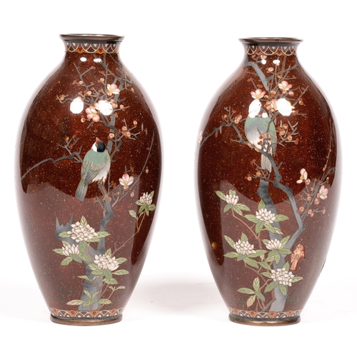 791 - A pair Japanese cloisonne enamel vases, Meiji period, 24cm h