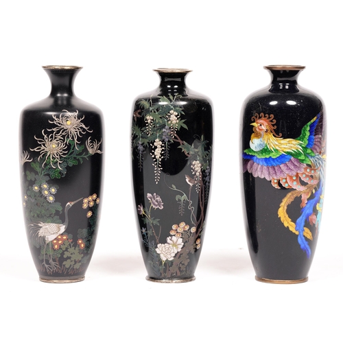 793 - A Japanese cloisonne enamel vase, 20th c, 19cm h, and two others, similar (3)