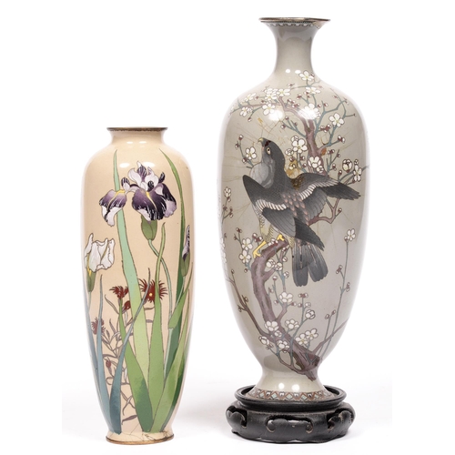 798 - A Japanese cloisonne enamel oviform vase, early 20th c, 33cm h, with a bird of prey in a blossoming ... 