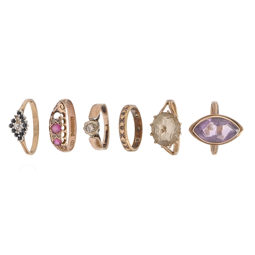8 - Six gold rings, variously gem set, 14g, various sizes