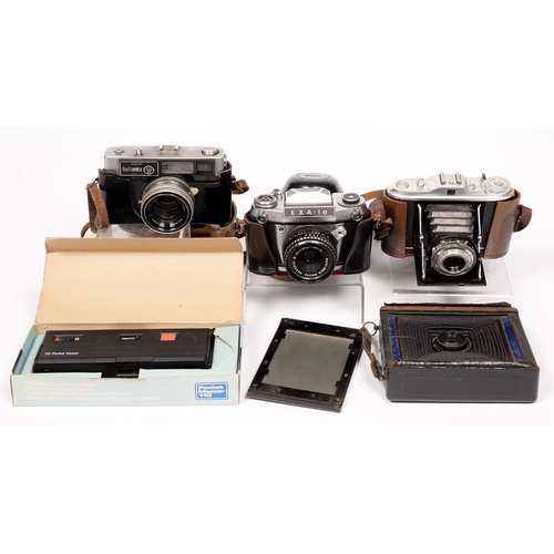 807 - An Agfa Isolette 1 camera, with F4.5 85mm lens, a quarter plate camera, two 35mm SLR cameras and one... 