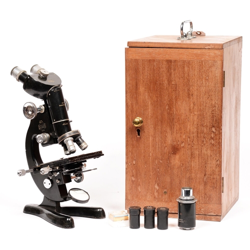 812 - A binocular microscope, mid 20th c, Beck, London M47, No.19309, in fitted wood case, 37cm h... 