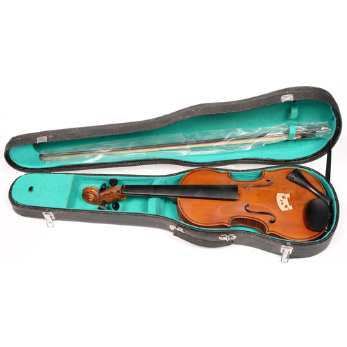 838 - A modern three-quarter sized violin, labelled and cased, with bow