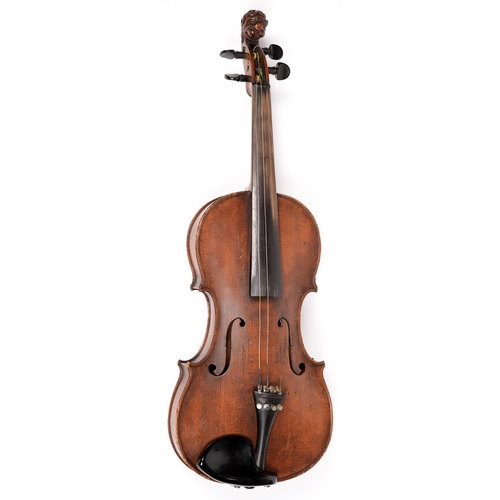 839 - A German violin, late 19th c, with carved head scroll in the style of Stainer, 59cm l, cased... 