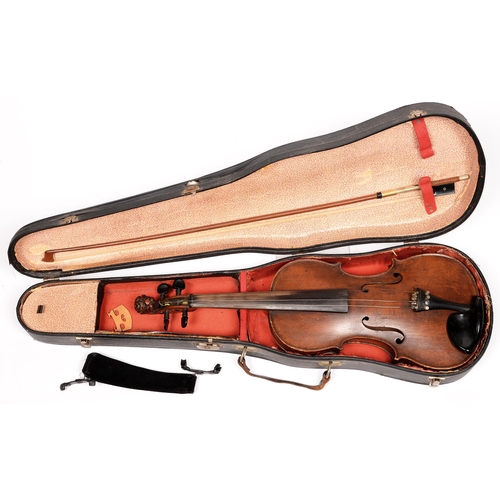 839 - A German violin, late 19th c, with carved head scroll in the style of Stainer, 59cm l, cased... 