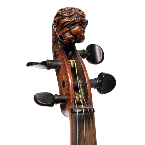 839 - A German violin, late 19th c, with carved head scroll in the style of Stainer, 59cm l, cased... 