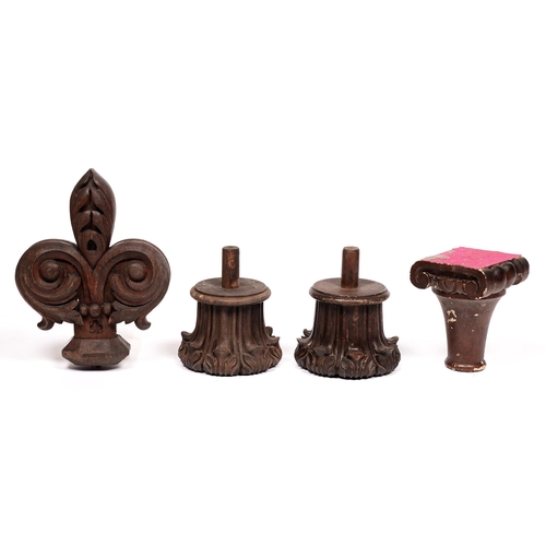 866 - A Gothic style carved oak finial, 19th c, 28cm x 22cm and a pair of contemporary carved mahogany ped... 