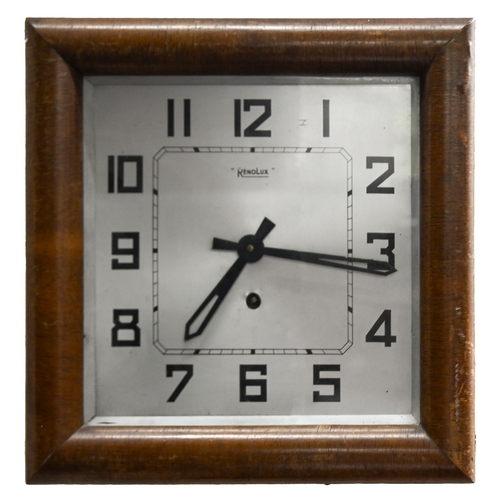 876 - A walnut wall clock, c.1930s, the silvered dial inscribed Renolux, key, 36cm diam