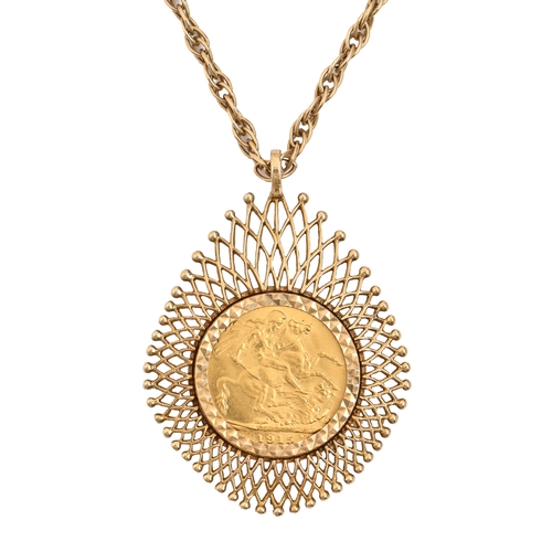 88 - Gold Coin. Sovereign 1915,  mounted in a 9ct gold pendant, on gold chain, indistinctly mar... 