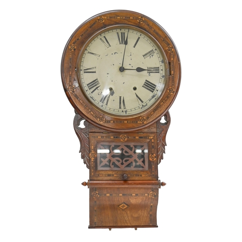 886 - An inlaid walnut drop case wall clock, c.1900, with painted dial, 75cm h... 